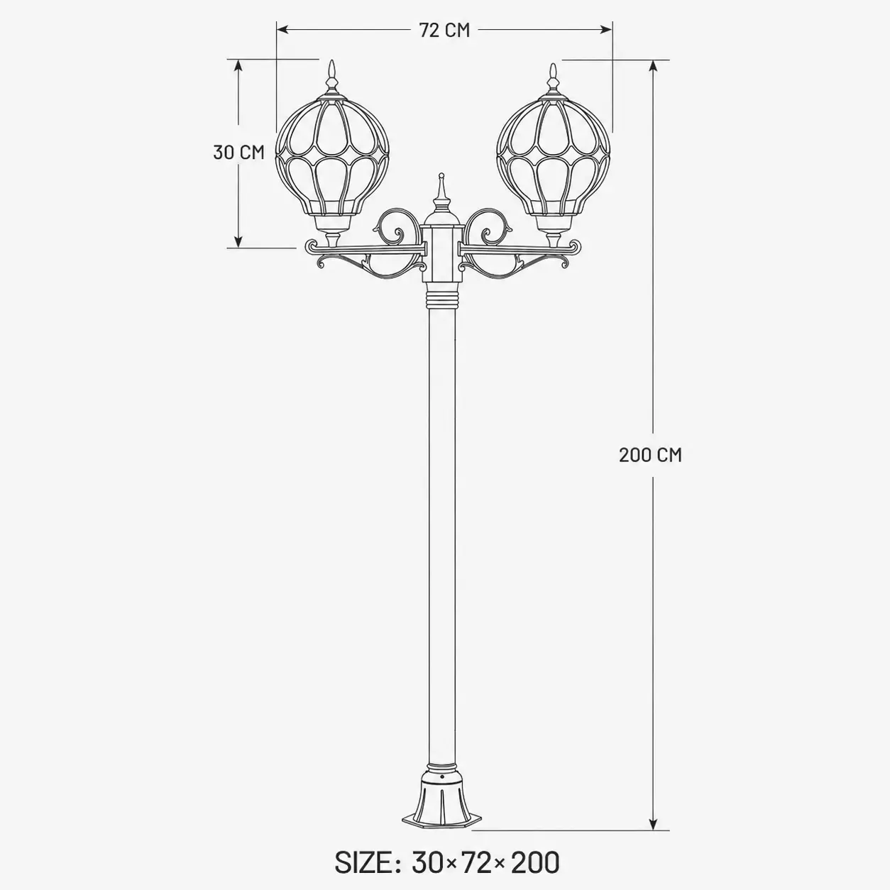 چراغ  پارکی دو شعله ونوس با حباب پلی کربنات و لامپ پایه بینالود لوله ساده تنه وسط دنا